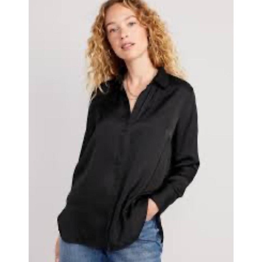 Old Navy Womens Loose Satin Button Down Shirt Black Plus Size XXL 2X
